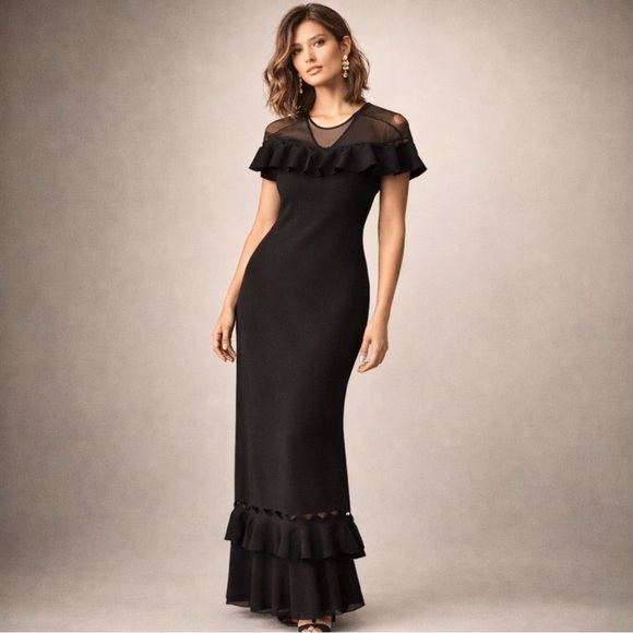 Sachin + Babi Dresses & Skirts - Sachin&Babi Black Ruffle Hem Maxi Dress Sheer Mesh Yoke Column Gown Floor Length